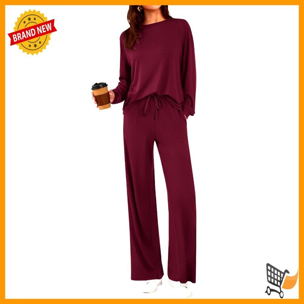 Long Sleeve Crewneck Lounge Set Wide Leg Pants Soft Comfortable Loose Fit